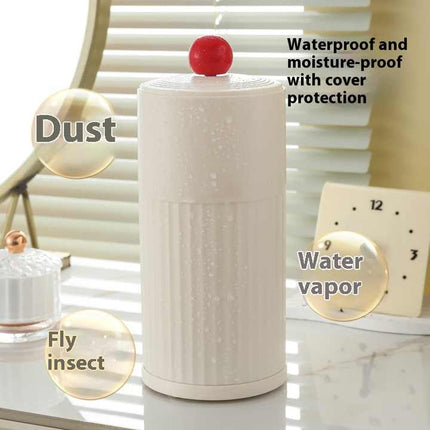 Beige Automatic Lifting Makeup Brush Holder - Dustproof Desktop Organizer with Lid & Compartments.