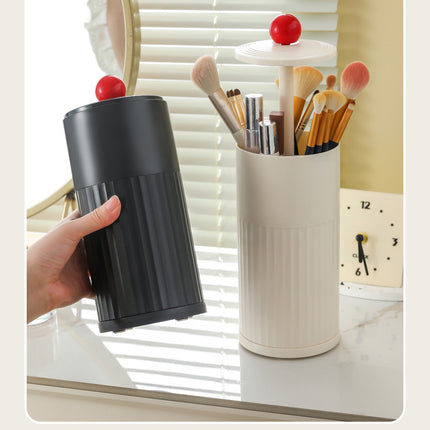 Black Automatic Lifting Makeup Brush Holder - Dustproof Desktop Organizer with Lid & Compartments.