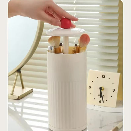 Black Automatic Lifting Makeup Brush Holder - Dustproof Desktop Organizer with Lid & Compartments.