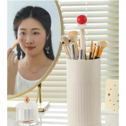 Black Automatic Lifting Makeup Brush Holder - Dustproof Desktop Organizer with Lid & Compartments.