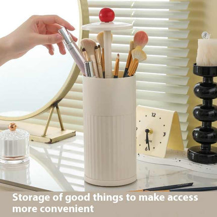 Black Automatic Lifting Makeup Brush Holder - Dustproof Desktop Organizer with Lid & Compartments.