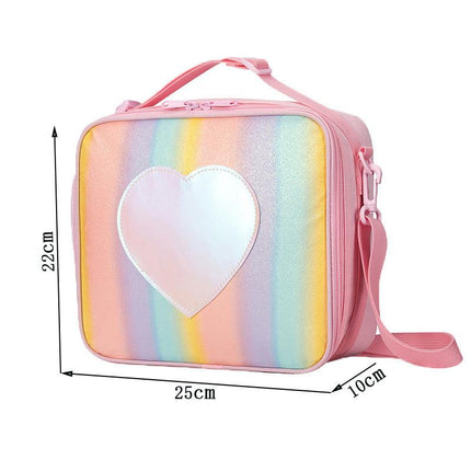 Blue Sparkling Rainbow Heart Insulated Lunch Bag for Kids - Portable School Lunch Box with Shoulder Strap.