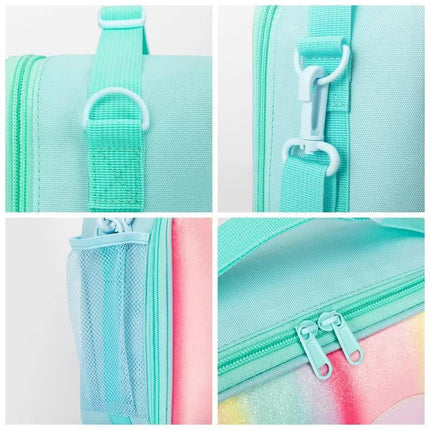 Blue Sparkling Rainbow Heart Insulated Lunch Bag for Kids - Portable School Lunch Box with Shoulder Strap.