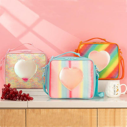 Orange Sparkling Rainbow Heart Insulated Lunch Bag for Kids - Portable School Lunch Box with Shoulder Strap.