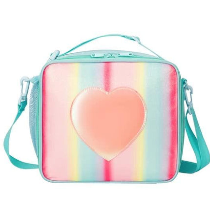 Pink Sparkling Rainbow Heart Insulated Lunch Bag for Kids - Portable School Lunch Box with Shoulder Strap.