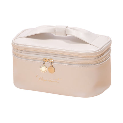 Beige Stylish PU Leather Makeup Bag - Large Capacity Double Layer Waterproof Travel Cosmetic Organizer Case for Women.