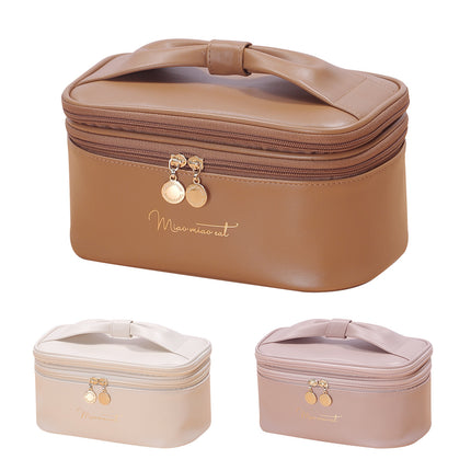Beige Stylish PU Leather Makeup Bag - Large Capacity Double Layer Waterproof Travel Cosmetic Organizer Case for Women.