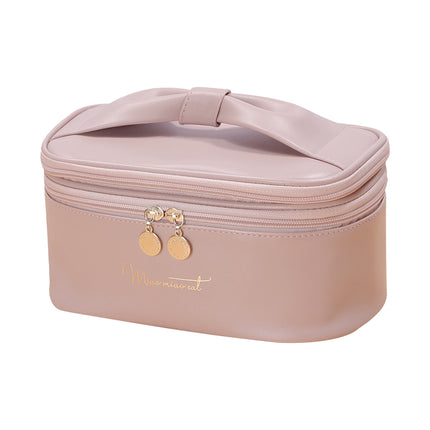 Pink Stylish PU Leather Makeup Bag - Large Capacity Double Layer Waterproof Travel Cosmetic Organizer Case for Women.