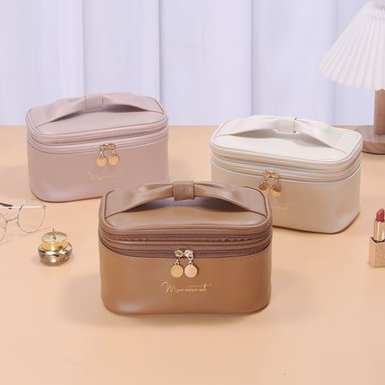 Pink Stylish PU Leather Makeup Bag - Large Capacity Double Layer Waterproof Travel Cosmetic Organizer Case for Women.