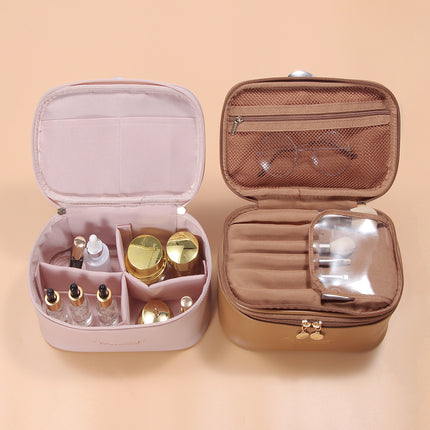 Pink Stylish PU Leather Makeup Bag - Large Capacity Double Layer Waterproof Travel Cosmetic Organizer Case for Women.