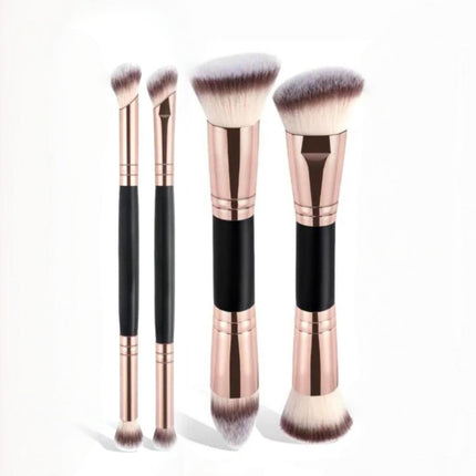 Black and Glod Versatile 4pc Dual-Ended Makeup Brush Set - Soft Synthetic Bristles for Foundation Blush Contour Concealer.