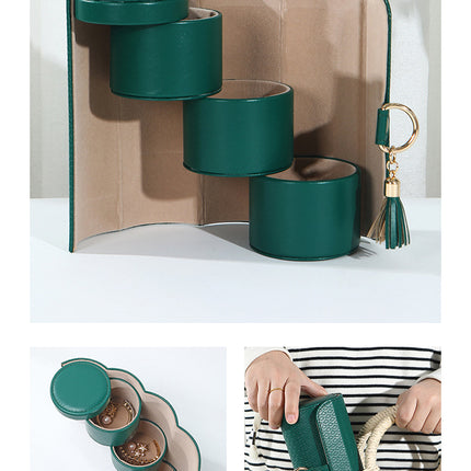 Green Elegant 3-Tier Cylindrical Travel Jewellery Box - PU Leather Organizer for Rings Earrings Necklaces with Tassel Charm.