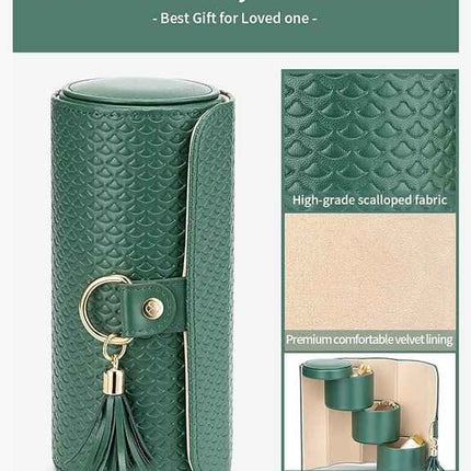 Green Elegant 3-Tier Cylindrical Travel Jewellery Box - PU Leather Organizer for Rings Earrings Necklaces with Tassel Charm.
