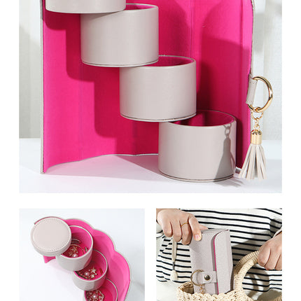 Beige and Pink Elegant 3-Tier Cylindrical Travel Jewellery Box - PU Leather Organizer for Rings Earrings Necklaces with Tassel Charm.