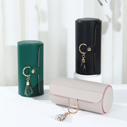 Beige and Pink Elegant 3-Tier Cylindrical Travel Jewellery Box - PU Leather Organizer for Rings Earrings Necklaces with Tassel Charm.