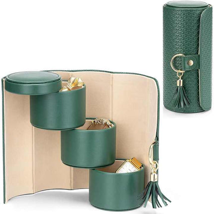 Beige and Pink Elegant 3-Tier Cylindrical Travel Jewellery Box - PU Leather Organizer for Rings Earrings Necklaces with Tassel Charm.