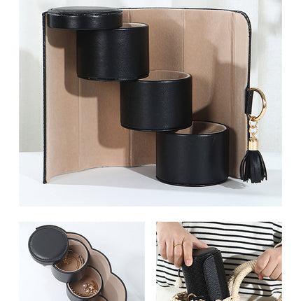 Black and Khaki Elegant 3-Tier Cylindrical Travel Jewellery Box - PU Leather Organizer for Rings Earrings Necklaces with Tassel Charm.