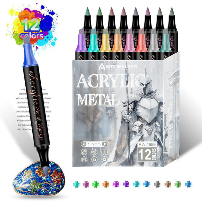 Colorful 12 Colors Dual Tip Metallic Acrylic Paint Pens - Fine Point & Chisel Tip Art Markers for Rock Painting, Crafts, Card Making, Glass.