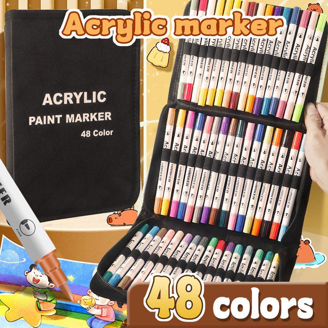 Colorful 48 Colors Dual Tip Acrylic Paint Marker Pens Set - Professional Art Markers with Carry Case for Artists, Crafts, Rock Painting.