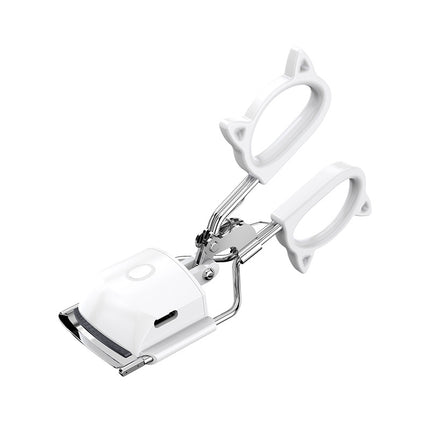 White USB-C Rechargeable Heated Eyelash Curler - Gentle Long-Lasting Lift with 2 Temperature Modes & Cute Cat Ear Design.