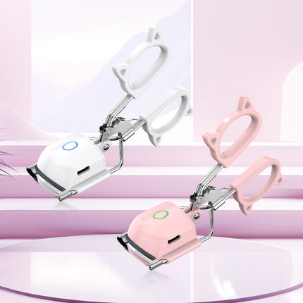 White USB-C Rechargeable Heated Eyelash Curler - Gentle Long-Lasting Lift with 2 Temperature Modes & Cute Cat Ear Design.