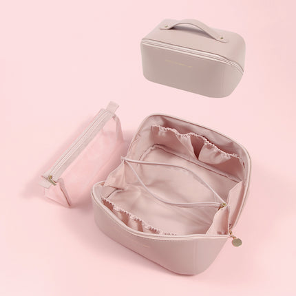 Pink Elegant PU Leather Makeup Bag & Toiletry Organizer with Detachable Mesh Pouch - Large Capacity Travel Cosmetic Case.