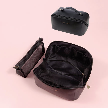 Black Elegant PU Leather Makeup Bag & Toiletry Organizer with Detachable Mesh Pouch - Large Capacity Travel Cosmetic Case.