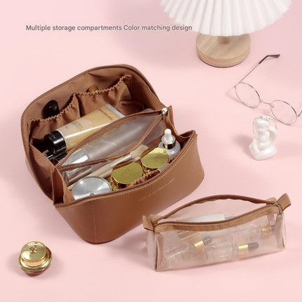 Black Elegant PU Leather Makeup Bag & Toiletry Organizer with Detachable Mesh Pouch - Large Capacity Travel Cosmetic Case.