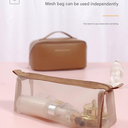 Black Elegant PU Leather Makeup Bag & Toiletry Organizer with Detachable Mesh Pouch - Large Capacity Travel Cosmetic Case.