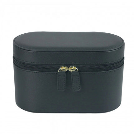 Black Elegant PU Leather Makeup & Toiletry Bag - Large Capacity Travel Cosmetic Organizer with Brush Holder.