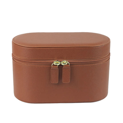 Brown Elegant PU Leather Makeup & Toiletry Bag - Large Capacity Travel Cosmetic Organizer with Brush Holder.