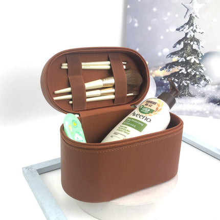 Pink Elegant PU Leather Makeup & Toiletry Bag - Large Capacity Travel Cosmetic Organizer with Brush Holder.