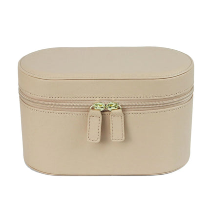 Beige Elegant PU Leather Makeup & Toiletry Bag - Large Capacity Travel Cosmetic Organizer with Brush Holder.