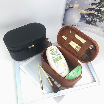 Beige Elegant PU Leather Makeup & Toiletry Bag - Large Capacity Travel Cosmetic Organizer with Brush Holder.