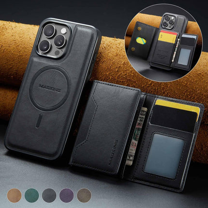 Black Premium MagSafe Wallet Case for iPhone 16 Pro Max - Detachable PU Leather Magnetic Card Holder.