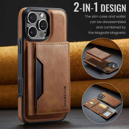 Brown Premium MagSafe Wallet Case for iPhone 16 Pro Max - Detachable PU Leather Magnetic Card Holder.