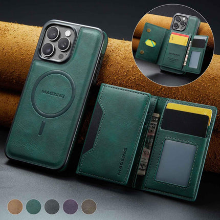 Green Premium MagSafe Wallet Case for iPhone 16 Pro Max - Detachable PU Leather Magnetic Card Holder.