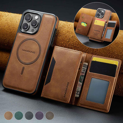 Brown Premium MagSafe Wallet Case for iPhone 16 Pro - Detachable PU Leather Magnetic Card Holder.