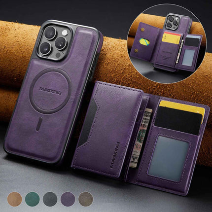 Purple Premium MagSafe Wallet Case for iPhone 16 Pro - Detachable PU Leather Magnetic Card Holder.