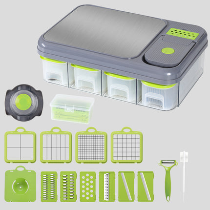 Green And Grey Ultimate 12-in-1 Multi-Functional Vegetable Slicer Dicer Chopper - Mandoline with Storage Containers & Drain Basket.