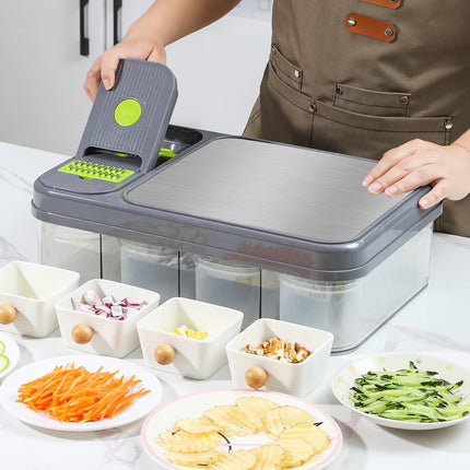 Green And Grey Ultimate 12-in-1 Multi-Functional Vegetable Slicer Dicer Chopper - Mandoline with Storage Containers & Drain Basket.