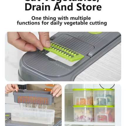 Green And Grey Ultimate 12-in-1 Multi-Functional Vegetable Slicer Dicer Chopper - Mandoline with Storage Containers & Drain Basket.