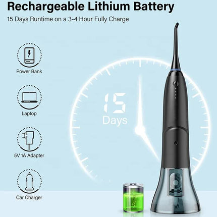 Black Advanced Portable Water Flosser - Rechargeable Oral Irrigator, IPX7 Waterproof, 4 Cleaning Modes for Deep Dental Care.