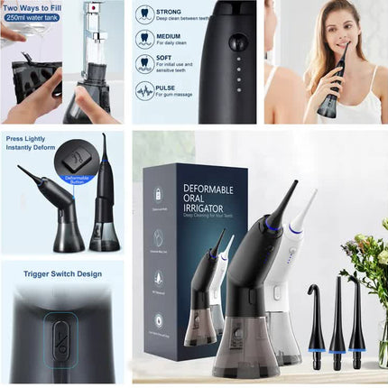 Black Advanced Portable Water Flosser - Rechargeable Oral Irrigator, IPX7 Waterproof, 4 Cleaning Modes for Deep Dental Care.