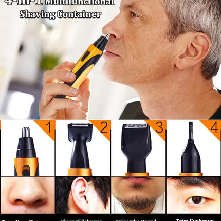 Gold and Black Versatile 4-in-1 USB Rechargeable Men's Grooming Kit - Precision Nose, Ear, Eyebrow Trimmer & Detail Shaver.
