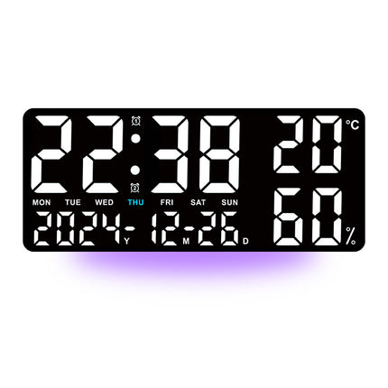 Black Background With White Light Sleek Large LED Digital Wall & Desk Clock - Remote Control, Temperature, Humidity, Dual Alarms, Calendar.
