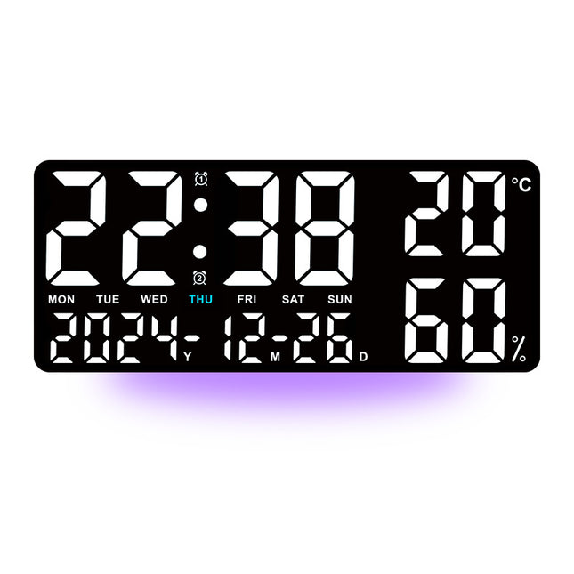 Black Background With White Light Sleek Large LED Digital Wall & Desk Clock - Remote Control, Temperature, Humidity, Dual Alarms, Calendar.