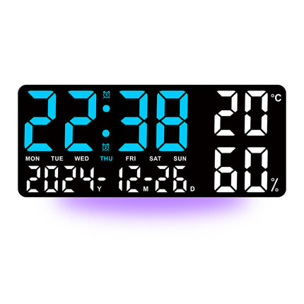 Black Background With Blue and White Light Sleek Large LED Digital Wall & Desk Clock - Remote Control, Temperature, Humidity, Dual Alarms, Calendar.