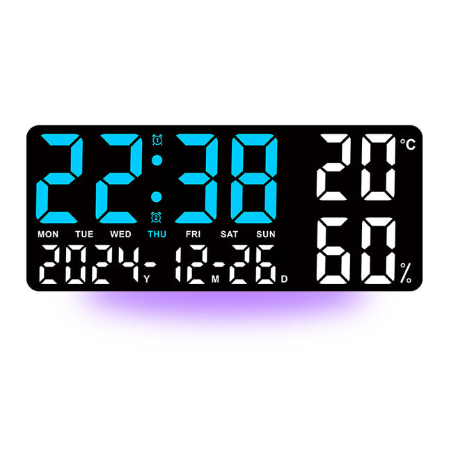 Black Background With Blue and White Light Sleek Large LED Digital Wall & Desk Clock - Remote Control, Temperature, Humidity, Dual Alarms, Calendar.