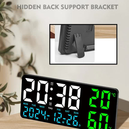 Black Background With Blue and White Light Sleek Large LED Digital Wall & Desk Clock - Remote Control, Temperature, Humidity, Dual Alarms, Calendar.